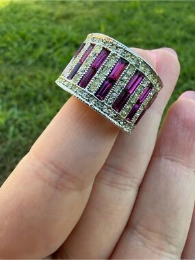 Silver Tone Wide Band Ring with Purple Baguette Stones